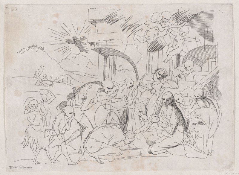 The adoration of the shepherds who gather at left, angels holding a banderole upper right, 1700-1800.