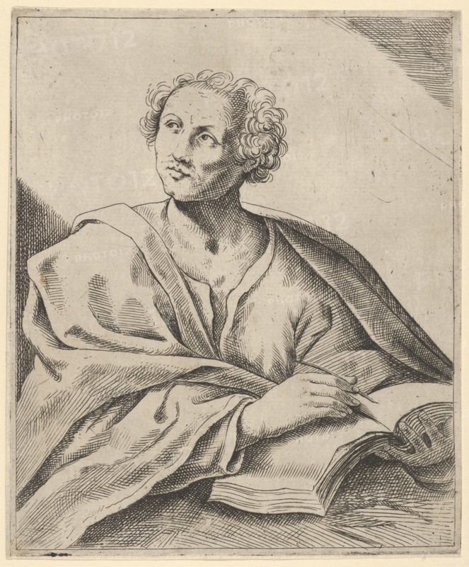 A man holding a book, about to write in it, looking upwards to the left, after Reni (?), 17th century.