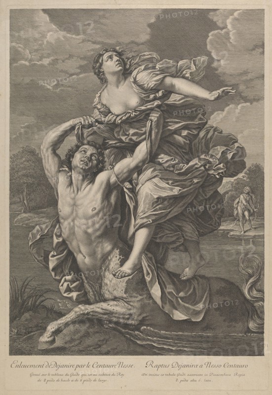 Dejanira being abducted by the centaur Nessos, a man with bow and arrow at right, after Reni, ca. 1800-1850.