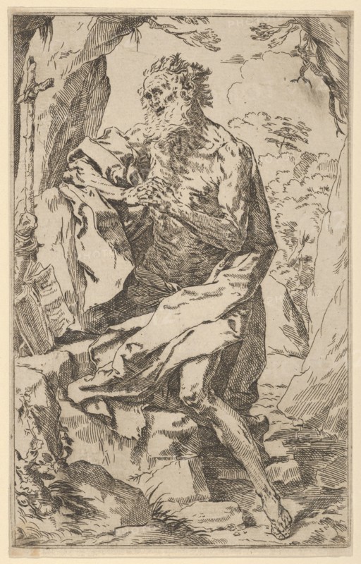 Saint Jerome kneeling on a rock in front of a cross and an open book facing left, after Reni, ca. 1600-1640.