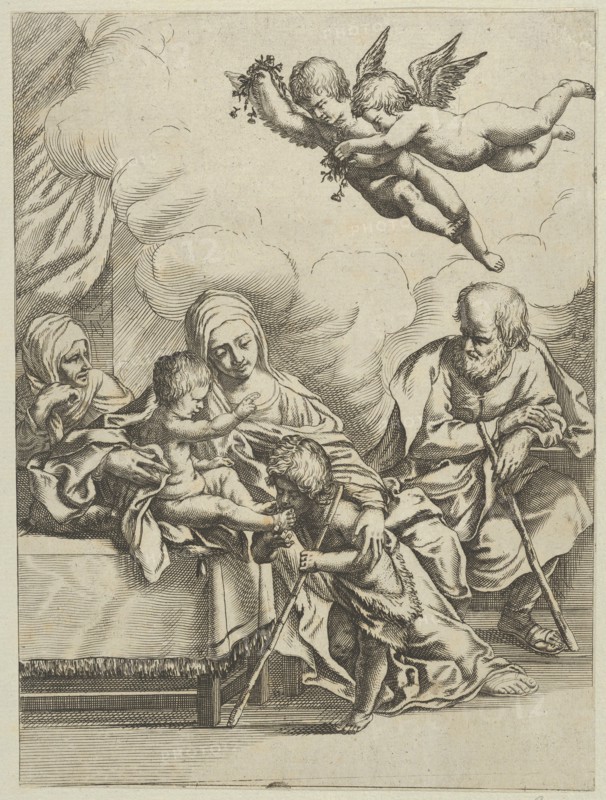 The Holy Family with young John the Baptist and Saint Elizabeth, two angels above, after Reni, ca. 1590-1610.