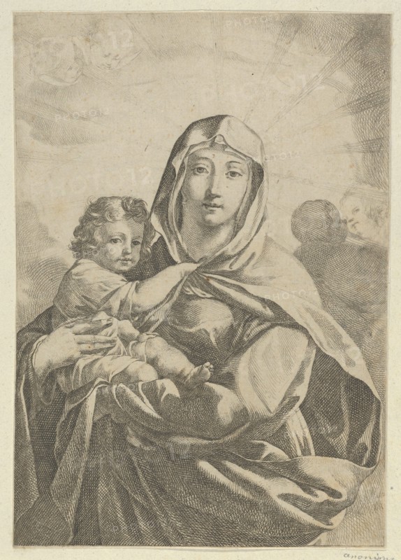 The Virgin standing facing front and holding the infant Christ, angels behind them in the clouds, ca 1700-1800.