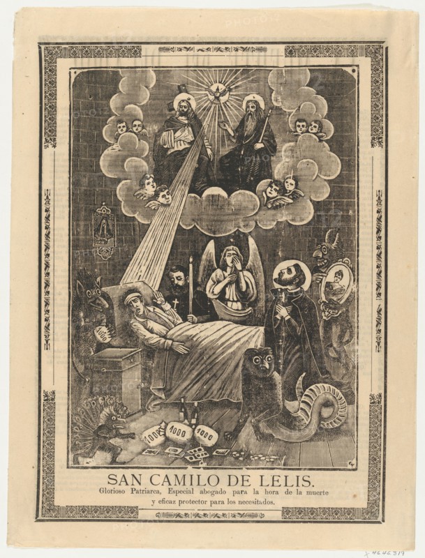 Broadsheet with Saint Camilo de Lelis in bed surrounded by demons, priests and the Holy Trinity above, ca. 1900-10.