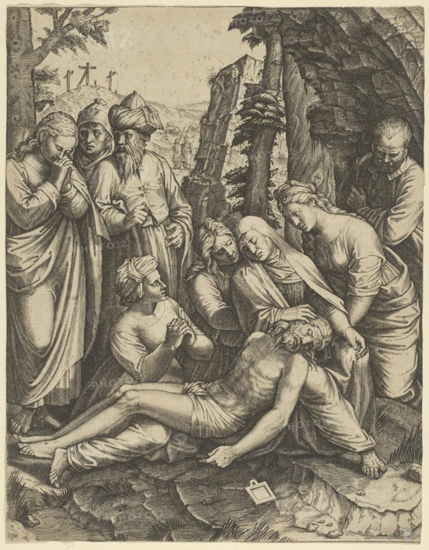 The lamentation of the dead Christ who is supported by the Virgin Mary and surrounded by other figures, ca. 1520-60.