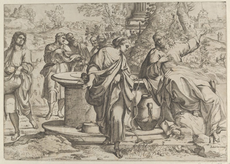 The Samaritan woman standing at the well, Christ seated next to her pointing to the right, after Annibale Caracci, 1610.