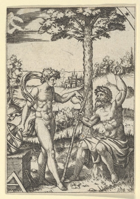 Seated old shepard gesturing towards the sky and speaking to nude male surrounded by tools of measurement, ca. 1500-1600.