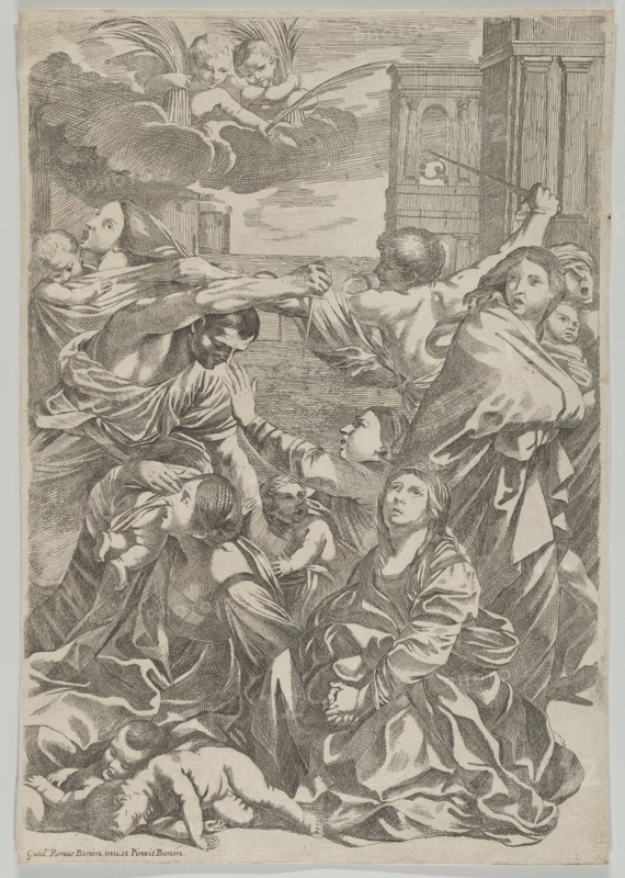Massacre of the Innocents; group of women and children being attacked, two angels at upper left, after Reni, ca. 1640-1700.