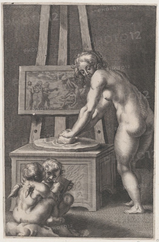 Pictura: allegory of painting, with a nude woman at center grinding pigments, two putti drawing at lower left, ca. 1610-50.