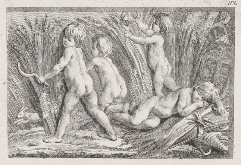 Nude children shearing wheat; an allegory of Summer; after a bas-relief on the Fontaine des Quatre-Saisons (Paris), after 1745.