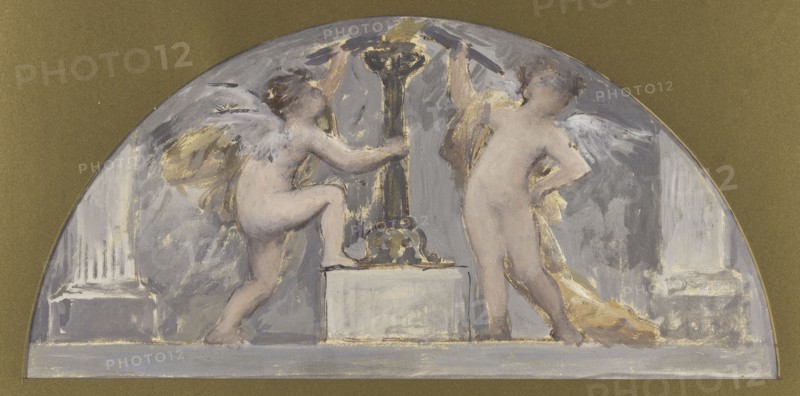 Sketch for the dining room of the Hotel de Ville, two Cupids each holding a torch near a lit flare, c1893.