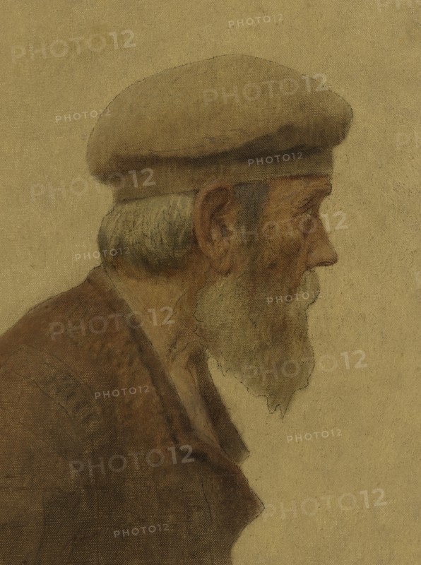 La Bouchée de pain : vieil homme de profil, coiffé d'un béret, mains dans les poches, c.1904.