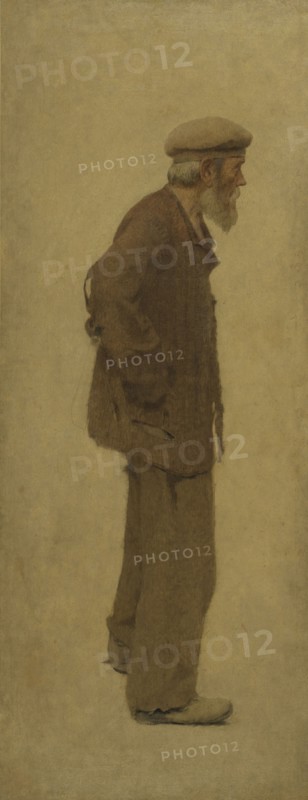 La Bouchée de pain : vieil homme de profil, coiffé d'un béret, mains dans les poches, c.1904.