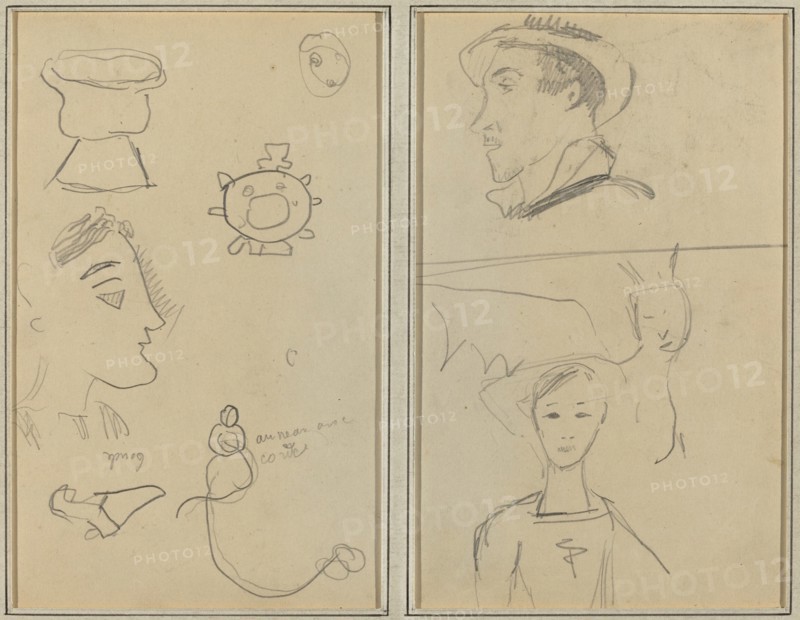 A Caricature and Five Forms; A Man in Profile, a Winged Creature and a Boy [verso], 1884-1888.