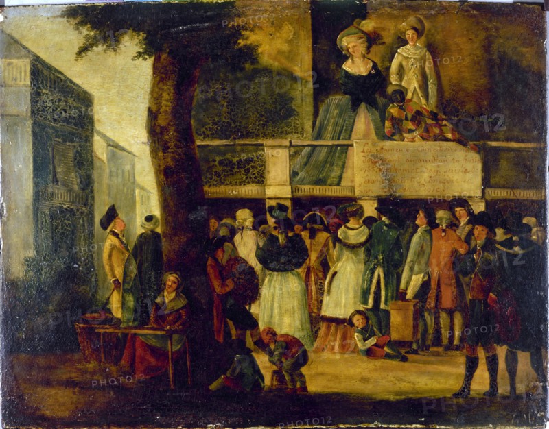 Parade devant un théâtre des boulevards (théâtre des Associés, boulevard du Temple?), c1788.