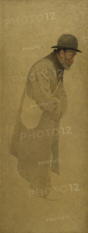 La Bouchée de pain : vieil homme coiffé d'un chapeau melon, une besace en bandoulière, c.1904.