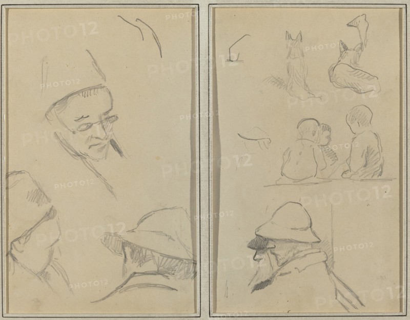 Three Studies of Men's Heads, One with Spectacles; Dogs, Children, and Two Bearded Men in Profile [verso], 1884-1888.