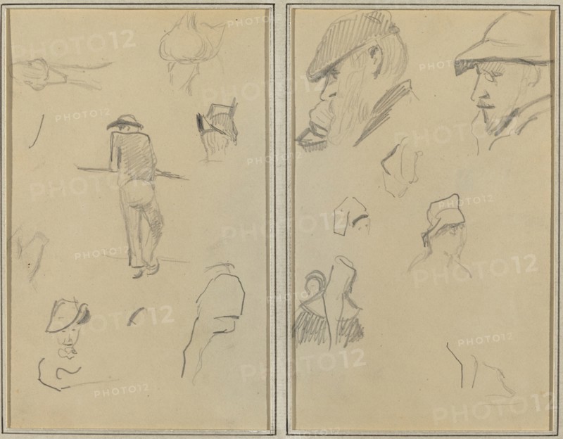 A Man Leaning on a Wall with Five Other Studies; Two Bearded Men Wearing Hats, and Five Other Studies [recto], 1884-1888.