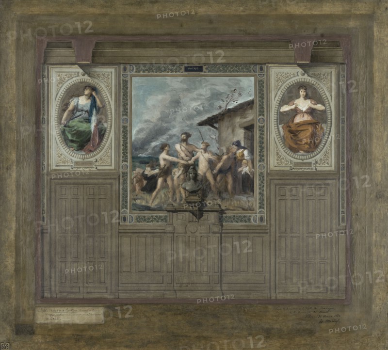 Esquisse pour la mairie du 20ème arrondissement : Patriotisme, Patrie, Dévouement, 1884.
