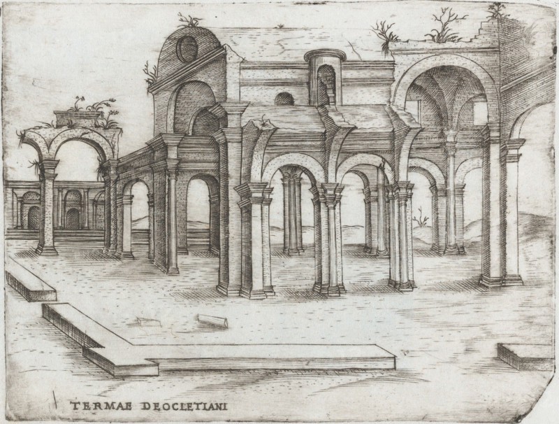 Sepulchrum Adriani, from a Series of Prints depicting (reconstructed) Build..., Plate ca. 1530-1550. Creator: Master GA.