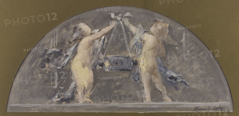 Sketch for the dining room of the Hotel de Ville, two children lifting a large box together, 1893.