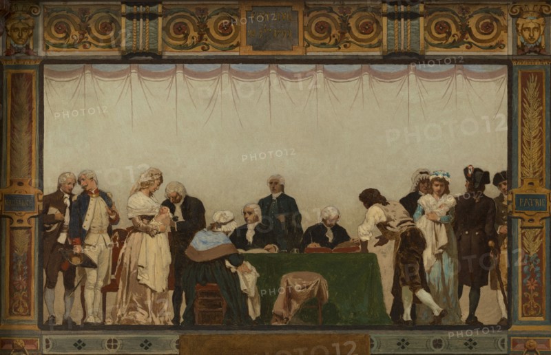 Sketch for the reception hall of the town hall of the 20th arrondissement: Birth, homeland, duty, rights, 1884.