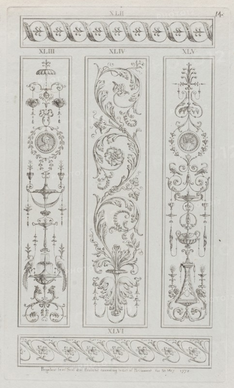 Panels of Ornament, nos. XLII-XLVI ("Designs for Various Ornaments," pl. 14), May 30, 1778.