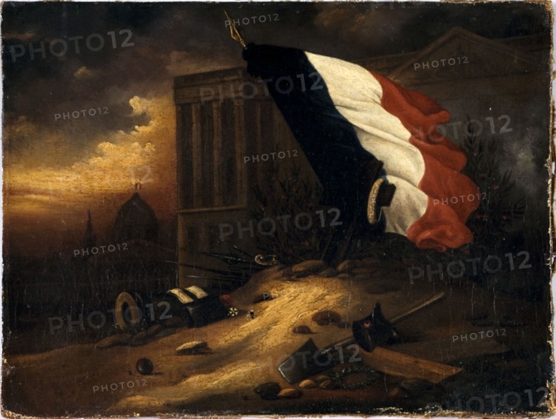 Temporary tomb of victims from July 1830 days, in front of the colonnade of the Louvre, 1830.