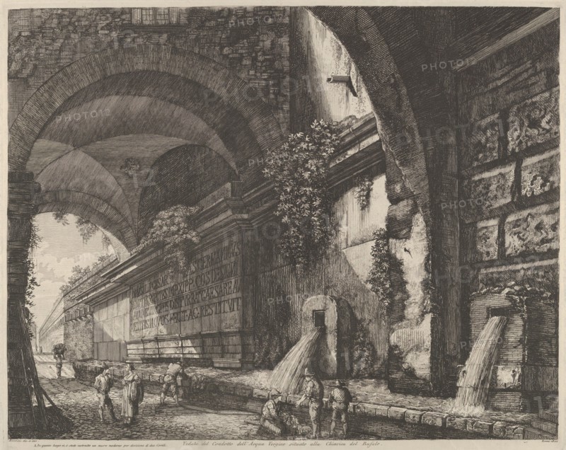 View of the ancient aquaduct and fountains situated near the Chiavica del Bufalo in Rome, 1822.