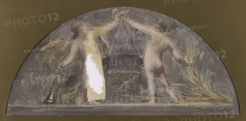 Sketch for the Hotel de Ville dining room, one child holding a trumpet the other a wreath raising a large box, 1893.