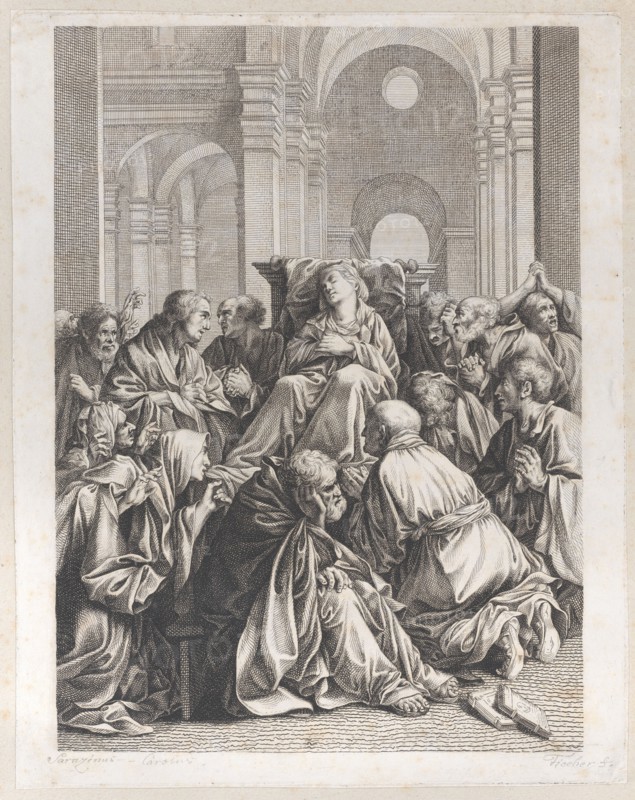 Death of the Virgin, lying on a chair at center, surrounded by Apostles, inside a temple, 1790-1822.