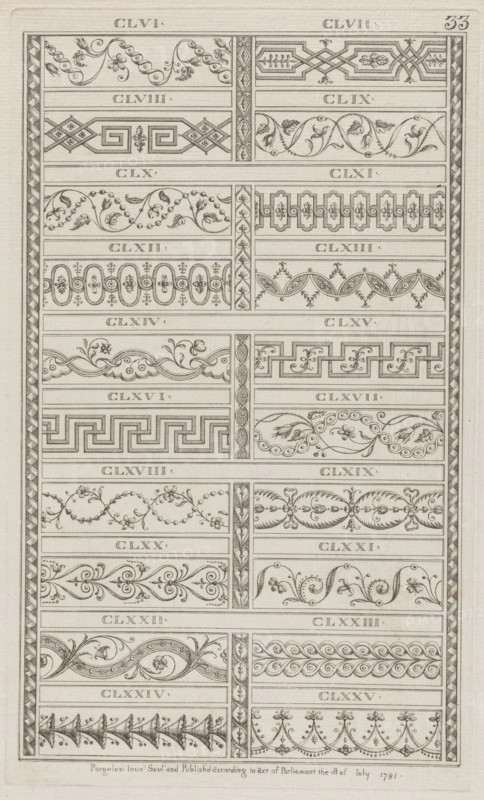 Ornament Designs, nos. CLVI to CLXXV ("Designs for Various Ornaments," pl. 33), July 1, 1781.