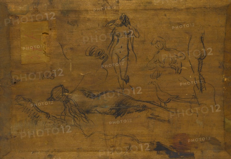 Fillette au ruban bleu (recto) / Cinq études de nus, un paon et une tête de profil (verso), 1865.