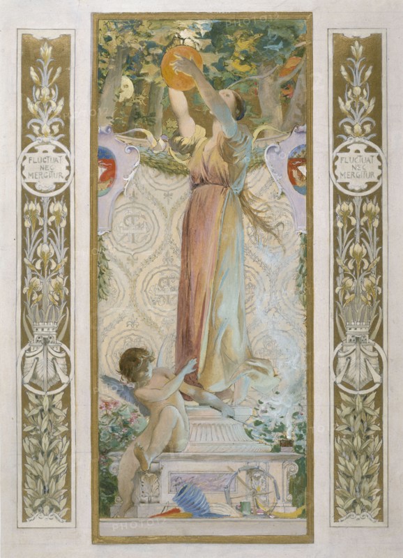 Sketch for the 'festival staircase' at the Hotel de Ville in Paris: Festival lighting, c1888-1898.