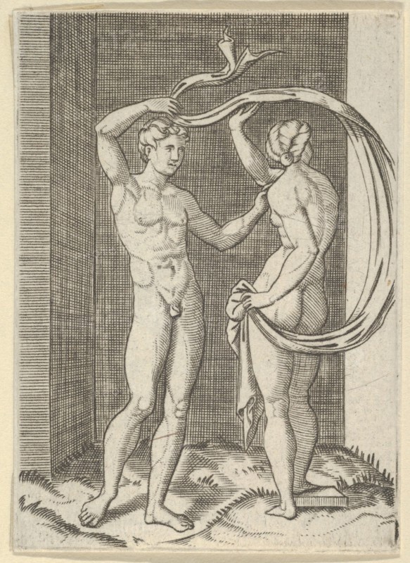Naked woman viewed from behind holding fabric which billows behind her, looking a..., ca. 1500-1600. Creator: Anon.