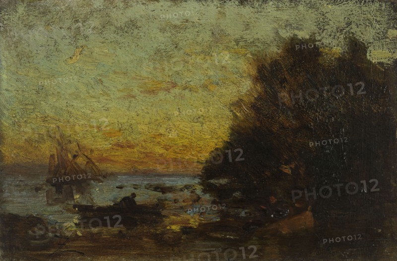 Barque et voiliers, coucher de soleil. Au revers : Marine, between 1850 and 1860.