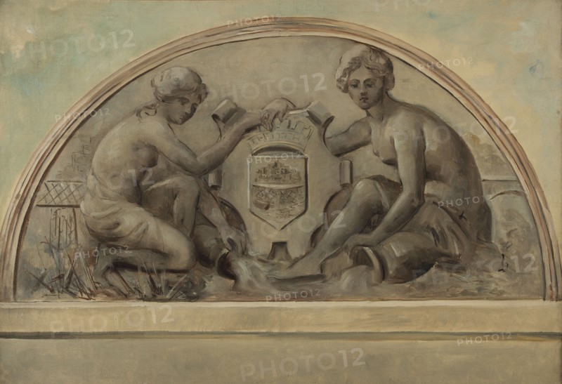 Sketch for the pediment at the school complex of Alfortville: The Seine and the Marne fram..., 1898. Creator: Emile Delbos.