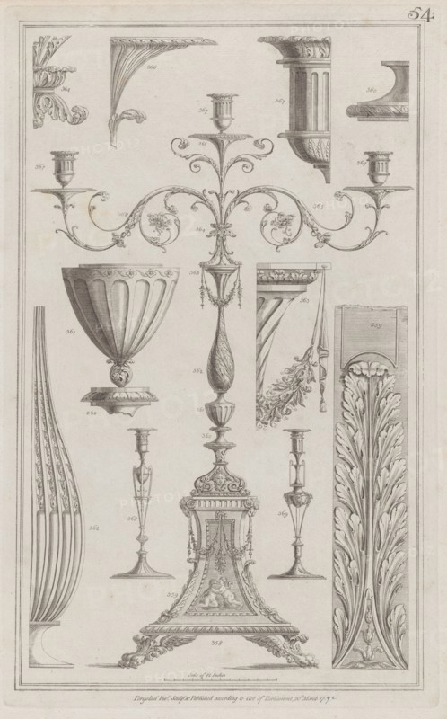 Candelabra, Vessels and Ornament, nos. 358-369 ("Designs for Various Ornaments," pl. 54), March 20, 1792.