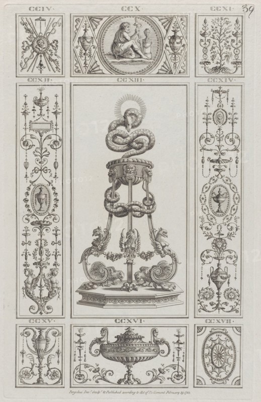 Tripod and Panels of Ornament, nos. CCIV-CCXVII ("Designs for Various Ornaments," pl. 39), February 29, 1782.