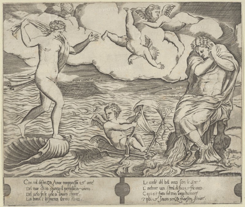 Venus riding a conch at left and cowering man (Jason) at right, Eros riding a makes..., ca. 1530-50. Creator: Anon.