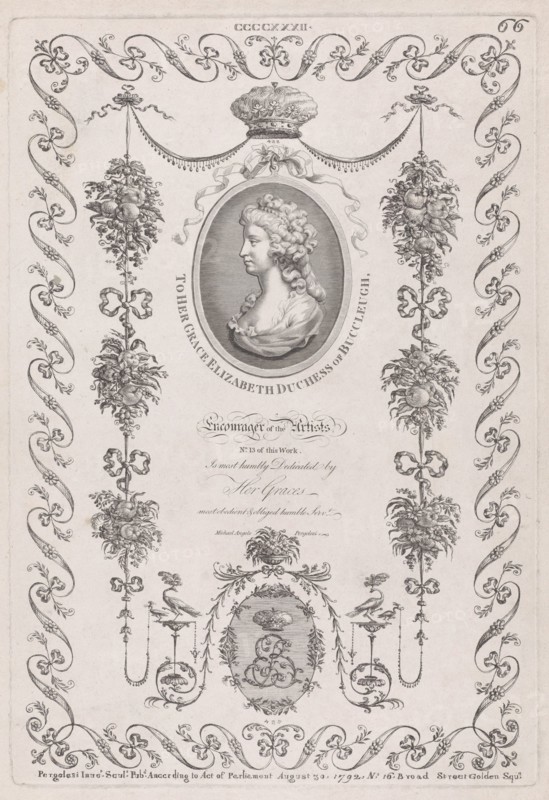 Portrait of the Duchess of Buccleugh and Ornament, nos. CCCCXXXII, 433, 435 ("D..., August 30, 1792. Creator: Michelangelo Pergolesi.