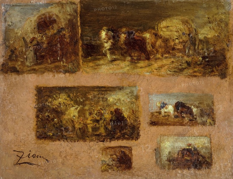 Panneau de six études de chariot (au recto) ; Paysage (au verso), between 1843 and 1844.