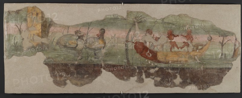 Nilotic landscape scene with pygmies and phallic boat, 1st century. Creator: Roman-Pompeian wall painting.