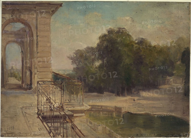 Ruins of the Château de Saint-Cloud: the horseshoe basin seen from the first floor balcony, c1875.