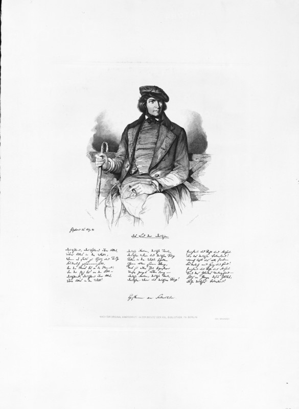 Portrait of August Heinrich Hoffmann von Fallersleben (1798-1874) and facsimile of the Song of the Germans. Private Collection.