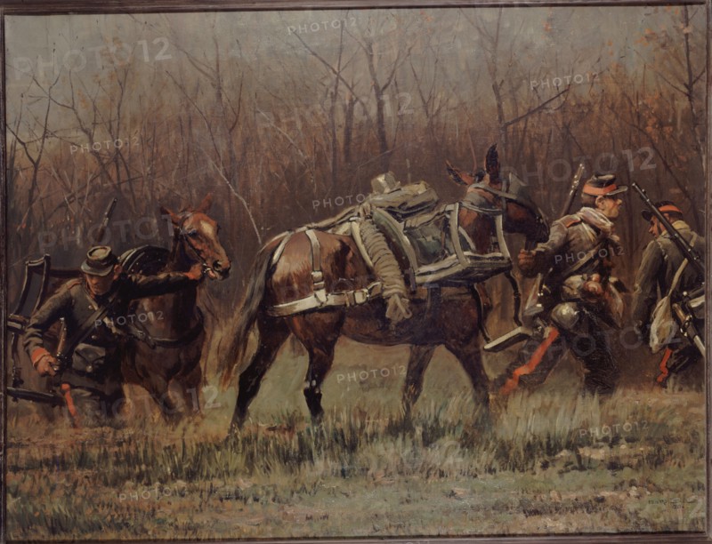 Military scene: mobile units leading ambulance mules (fragment of the panorama of Champigny), 1881.