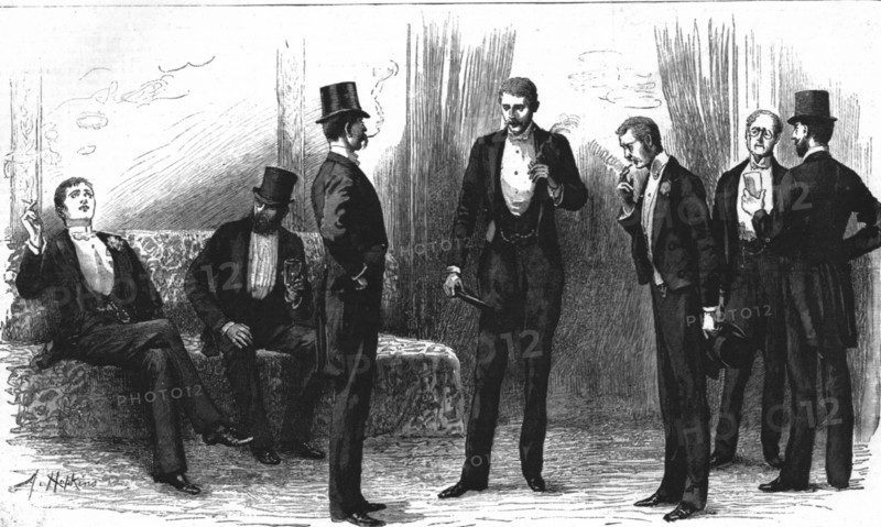 ''A Peep into the Smoking- Room at the Theatre', 1890. Creator: Unknown.
