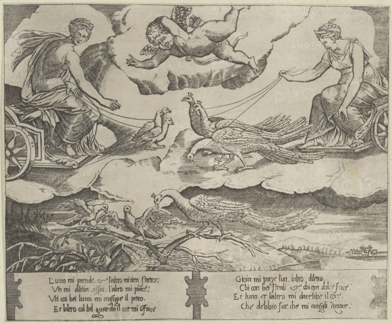 Allegory of Marriage and Love; Juno in a chariot drawn by peacocks at right,Venus, ca. 1540-60. Creator: Anon.