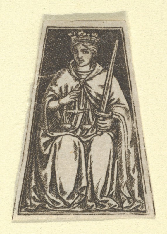 The cardinal virtue of Justice represented by a seated woman holding a pair of sc..., ca. 1480-1520. Creator: Anon.