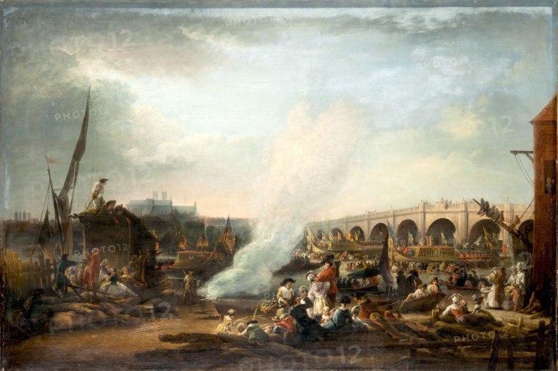 Westminster Bridge and the Thames Procession of King Christian VII of Denmark in 1768, 1769. Creator: Martin, Elias (1739-1818).
