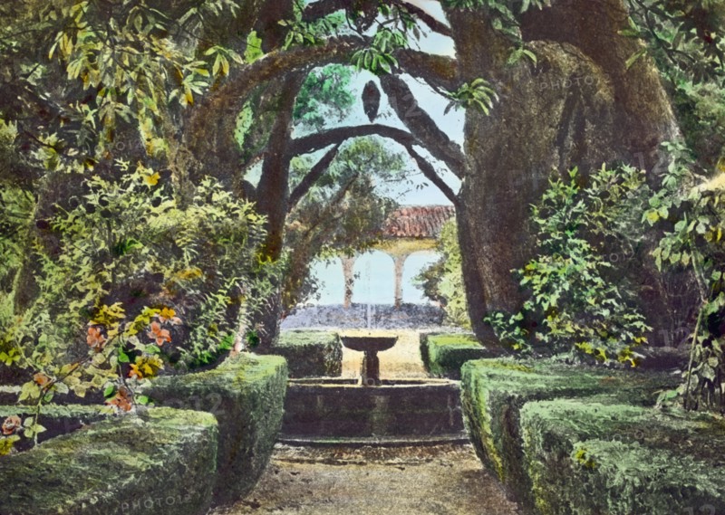 Reproduction of illustration showing a garden fountain, between 1915 and 1925. Creator: Frances Benjamin Johnston.